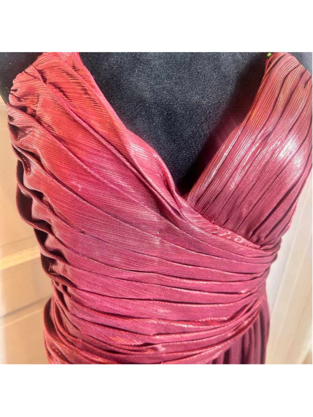 Women's Retrofete Red Metallic Ruched Strapless Maxi Dress Gown Disco Ethereal - Picture 2 of 9